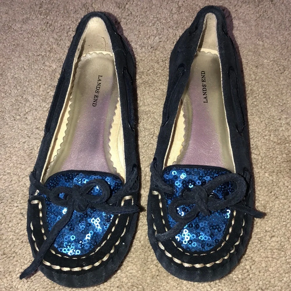 Lands End Holiday Girls toddlers size 11 Sequins Suede Loafers Navy‎ Blue